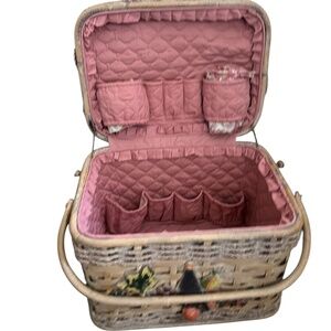 Vintage Large Pastel Rattan Picnic Basket with handles & food blanket